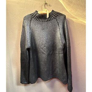 O Paris Women's Size 42 Merino Wool Black Shiny Mock Neck Sweater Made in Italy